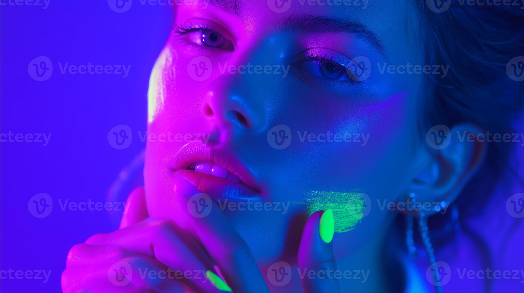 Portrait of a woman with vibrant neon makeup and colorful light at a creative studio during the evening photo