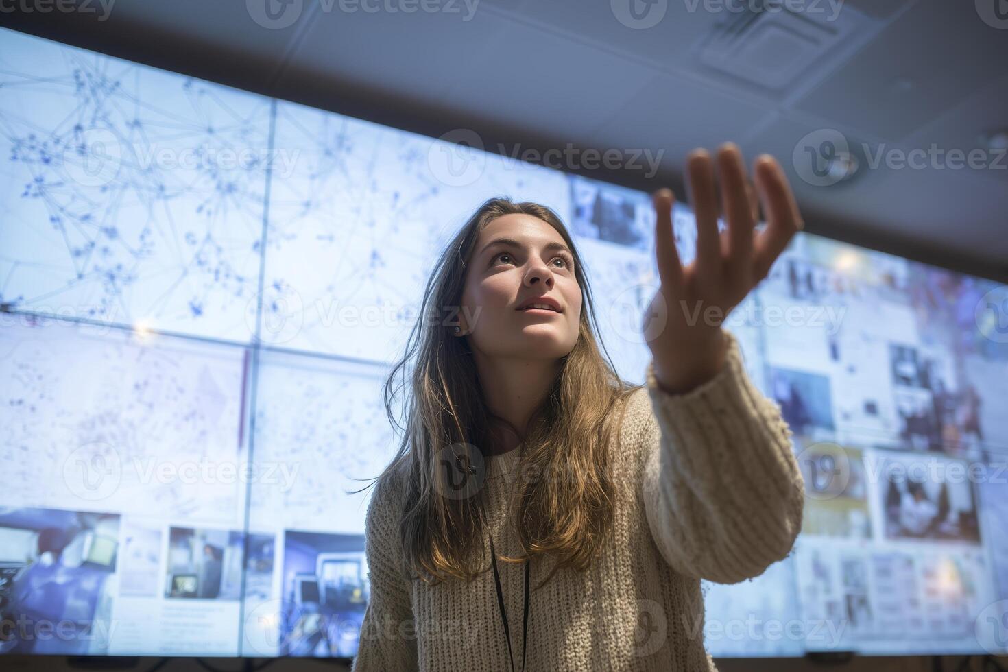 Woman engages audience during a presentation in a modern conference room filled with digital displays photo