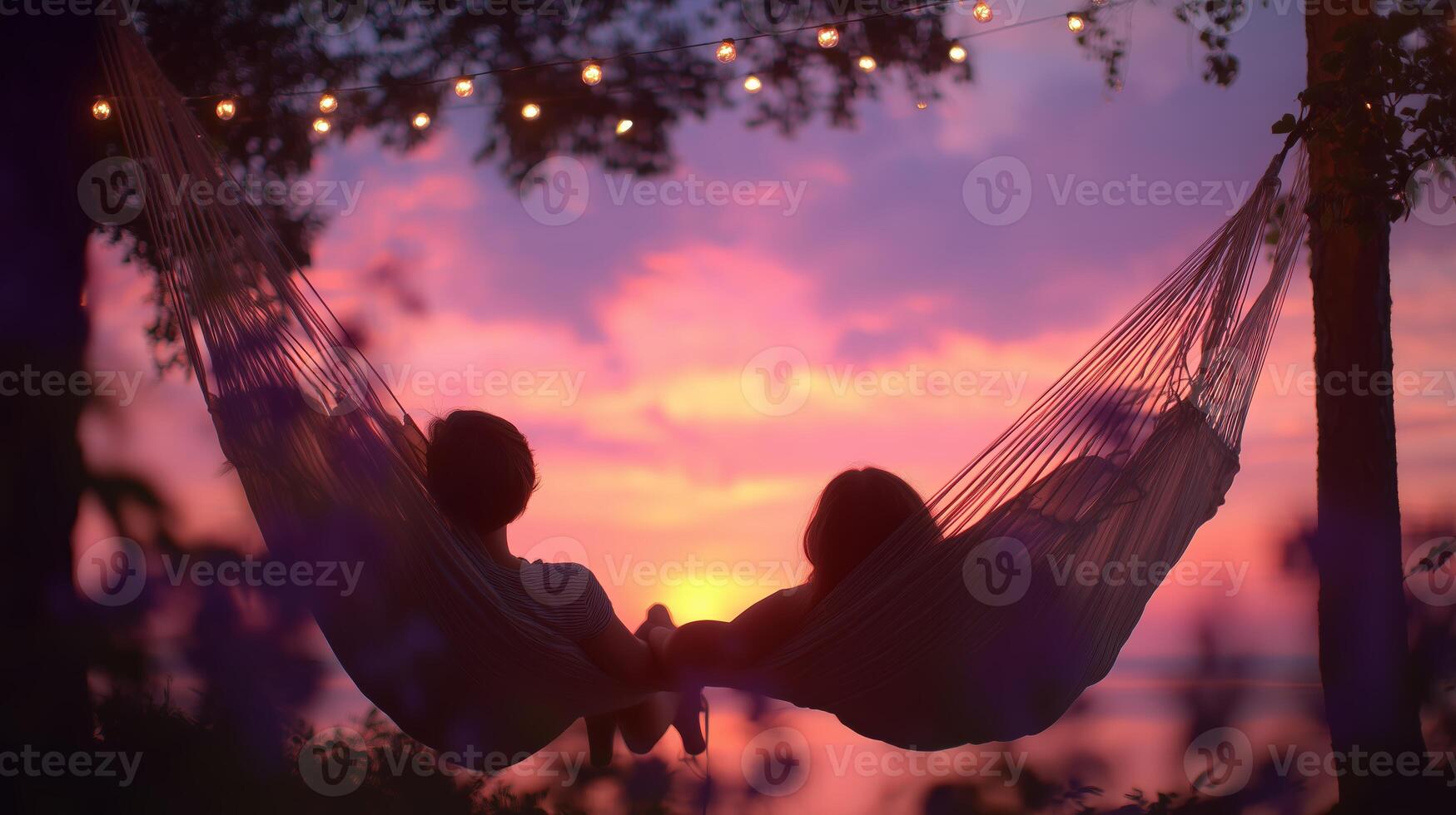Couple relaxing in hammocks during sunset by the lake with fairy lights illuminating the scene photo