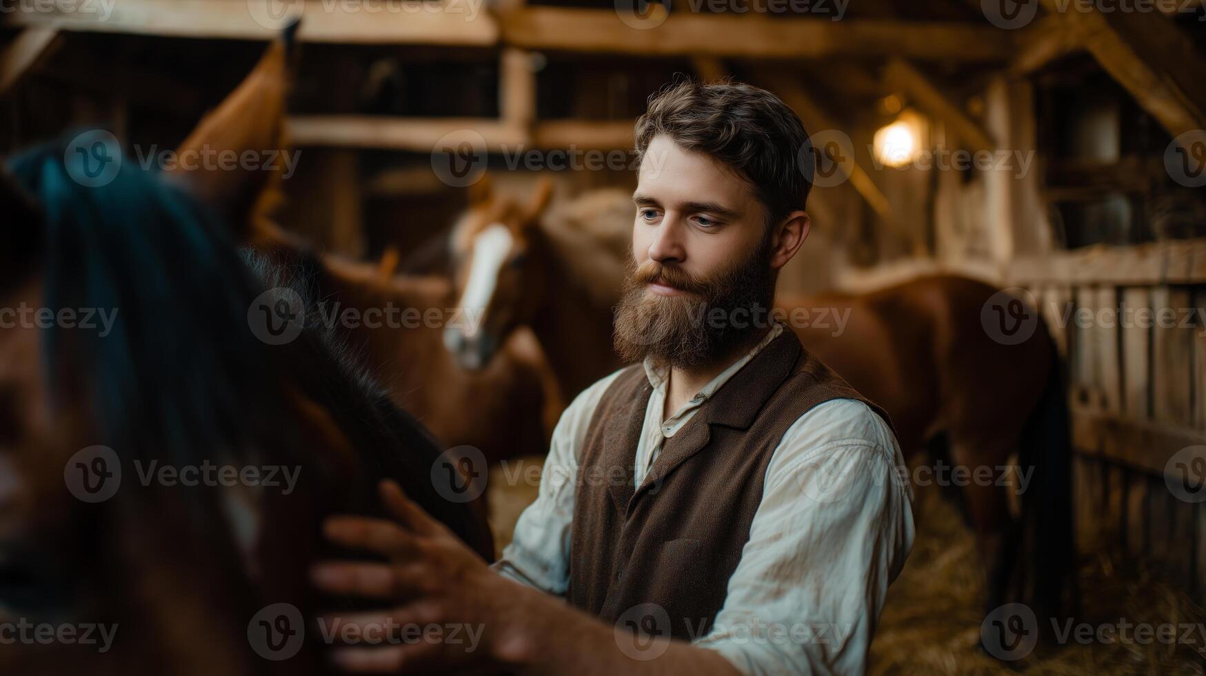 Young man caring for horses in a rustic stable during the late afternoon light photo