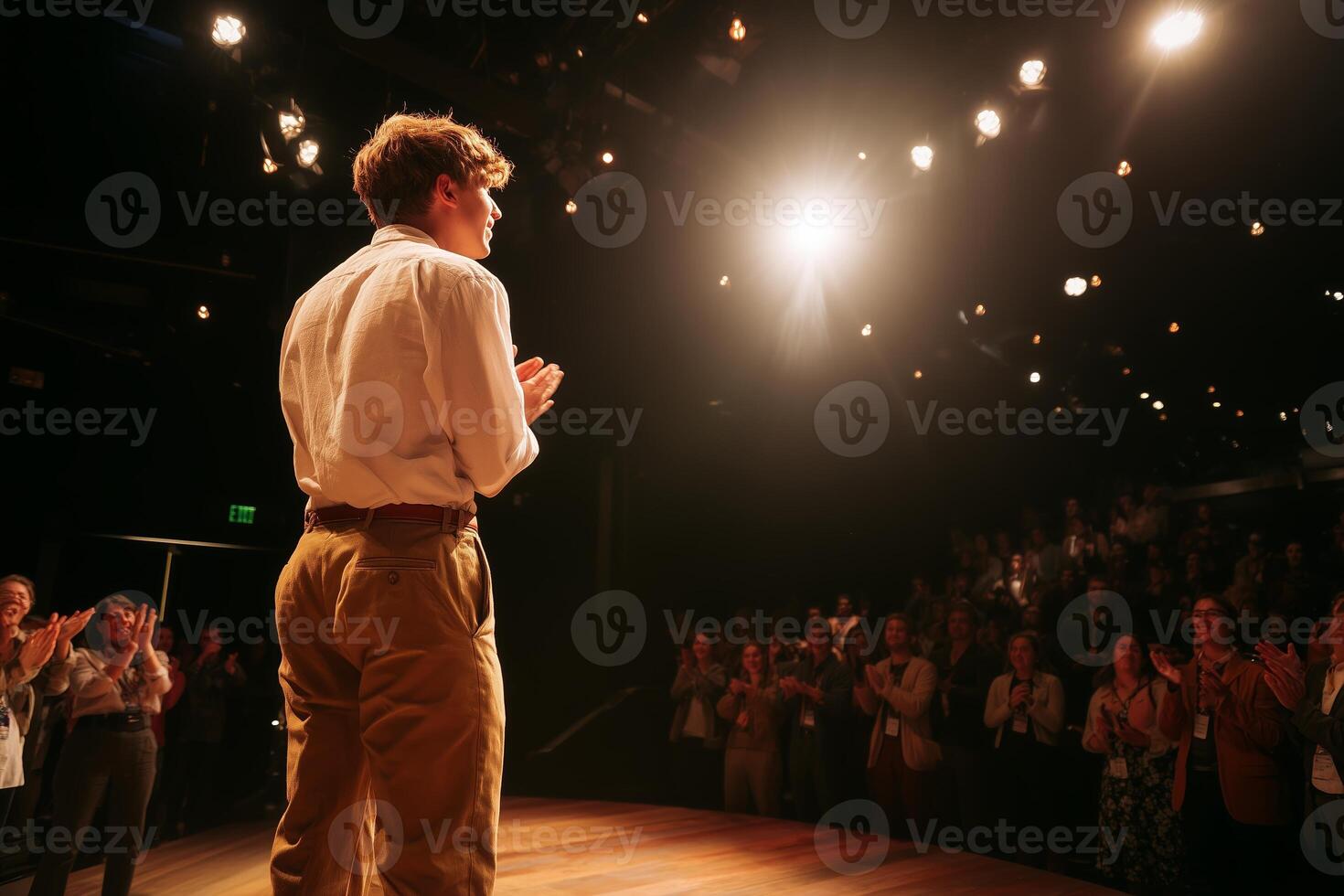 Actor performs on stage in a theater while audience applauds during a live performance at night photo