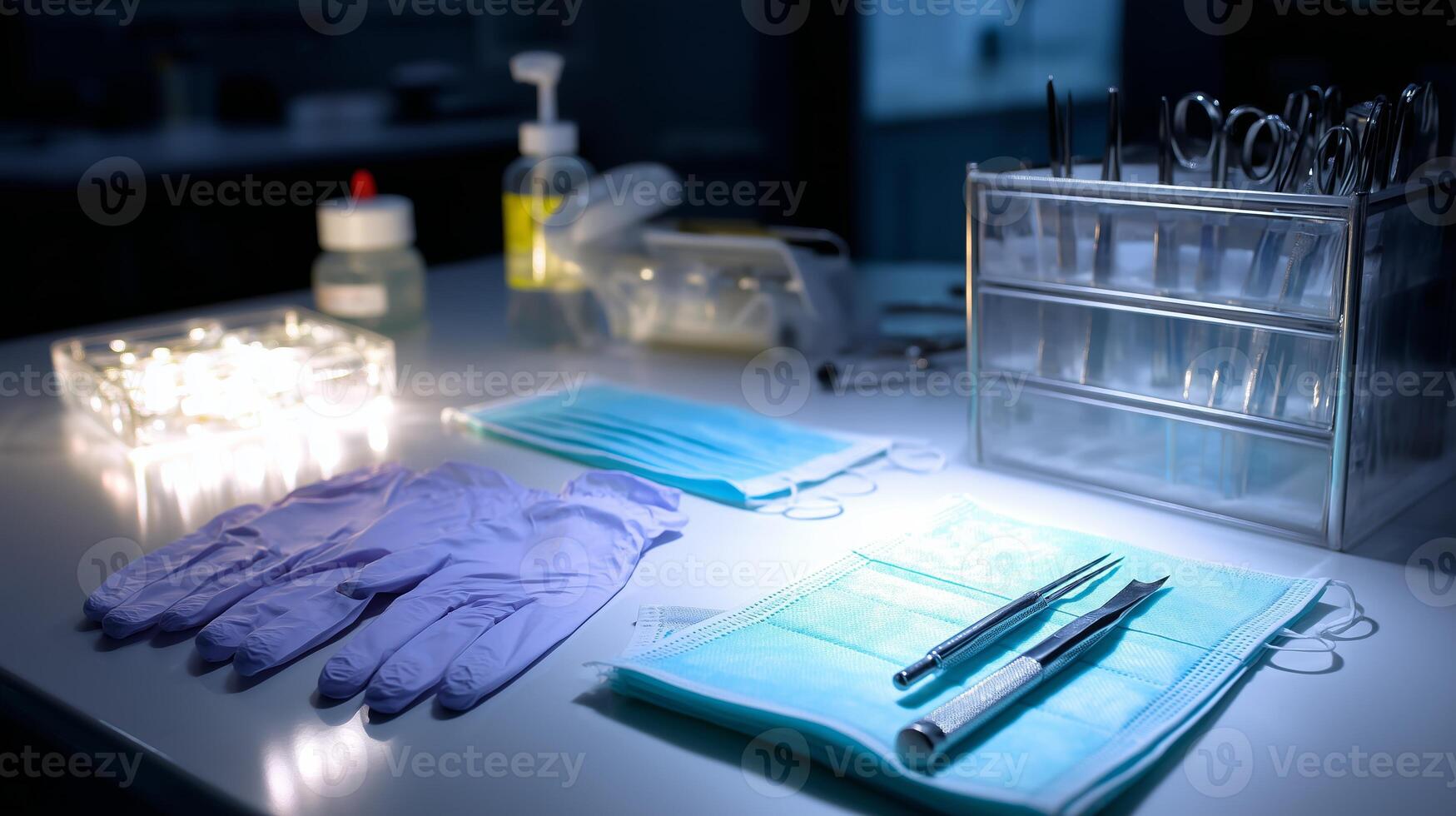 Surgical instruments and protective gear arranged on a sterile medical table in a dimly lit operating room photo