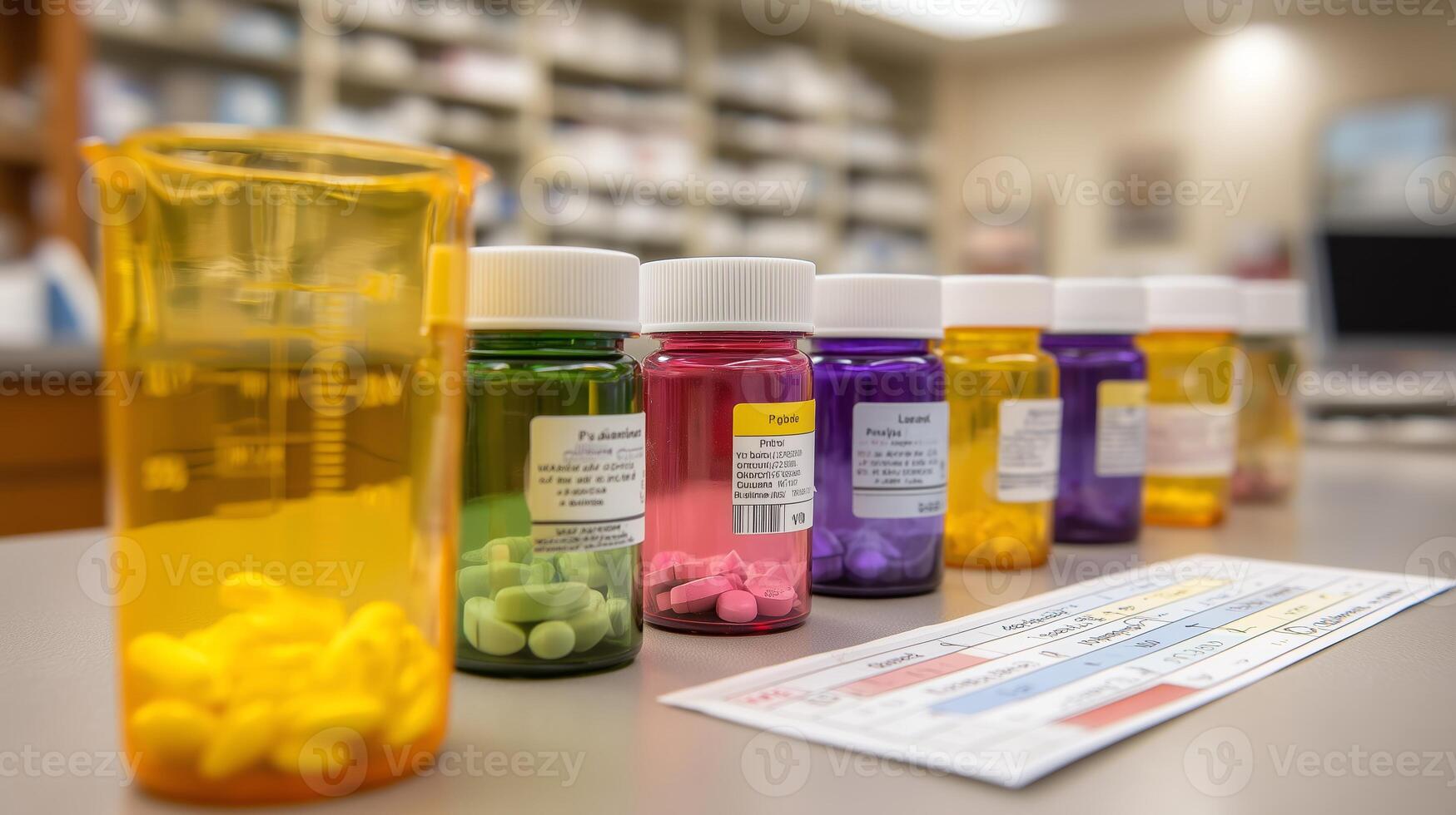 Colorful array of prescription medication bottles on a pharmacy counter in a health care setting photo