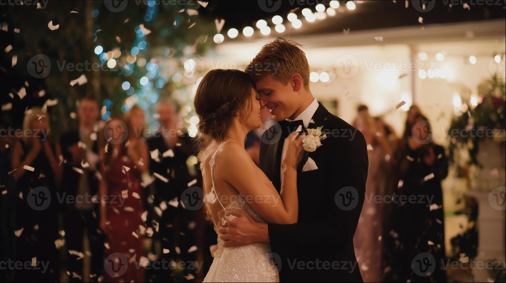 Couple shares a romantic dance surrounded by friends during a joyful wedding celebration at night photo