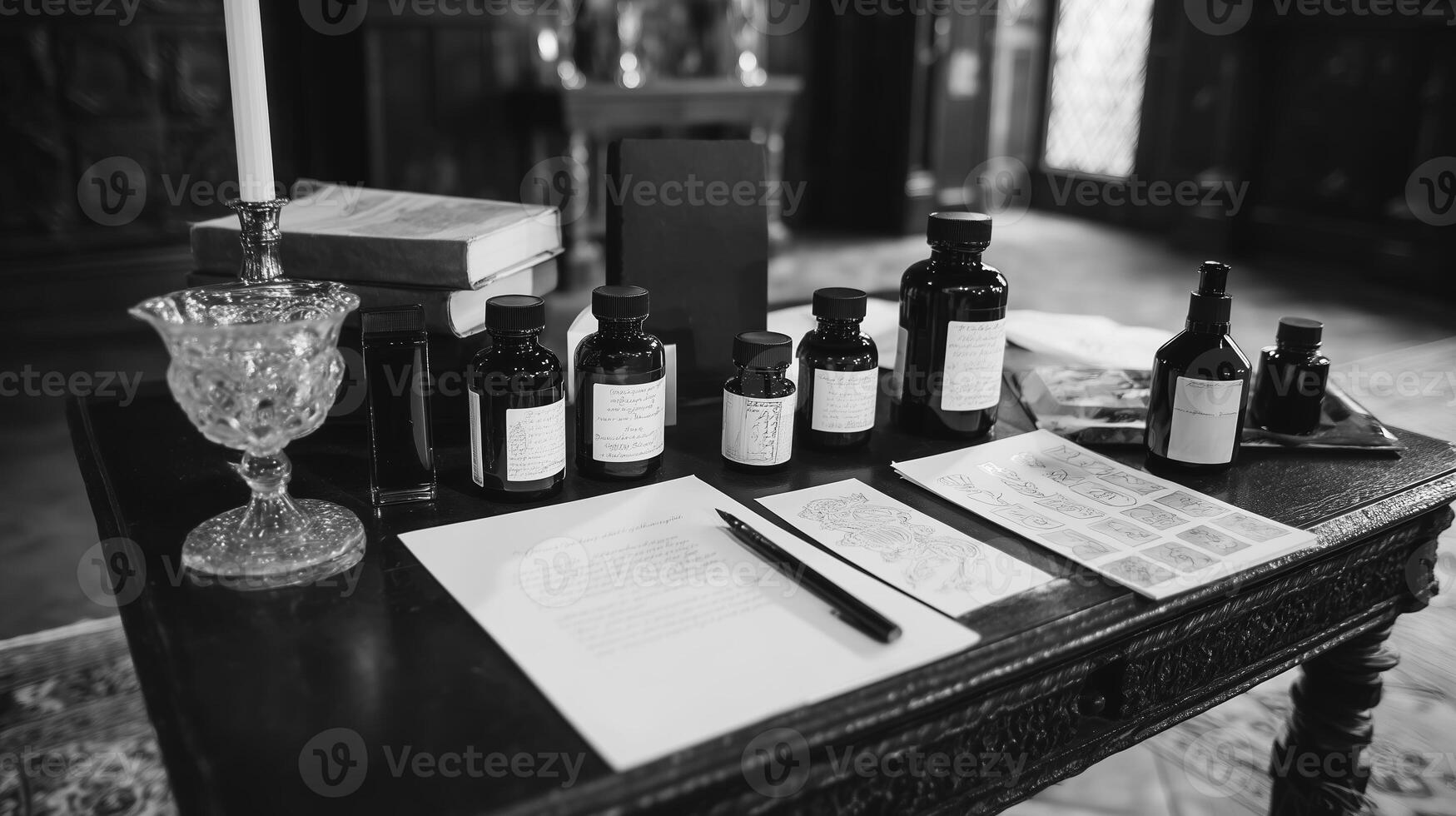 Collection of vintage bottles and documents on a dark wooden table in a historical room with candlelight photo