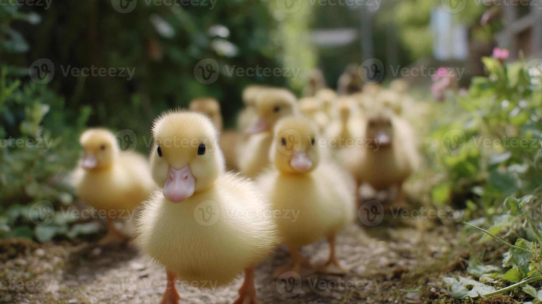 Baby ducks waddle along a garden path on a sunny afternoon, exploring their surroundings with curiosity photo