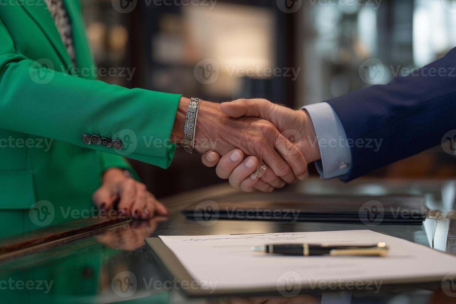 Business professionals engaging in a handshake in a modern office setting during a corporate meeting photo