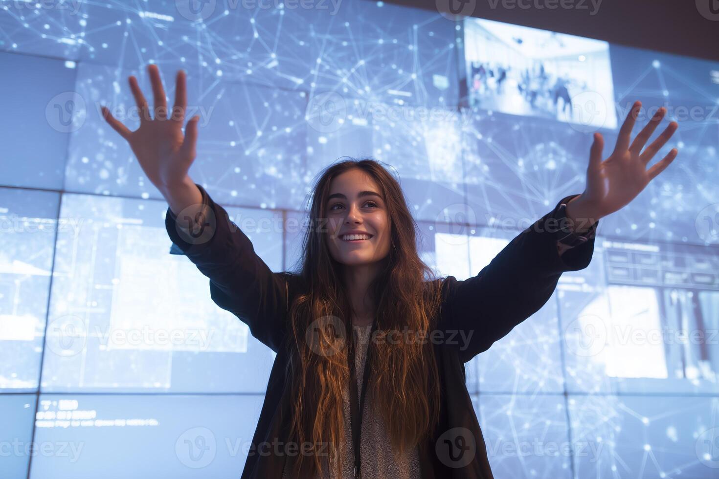 Woman engages with interactive display in modern technology center during bright day photo