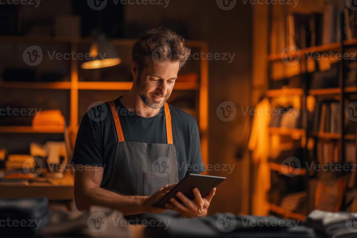 Experienced tailor examines design plans in a well-lit workshop during evening hours photo