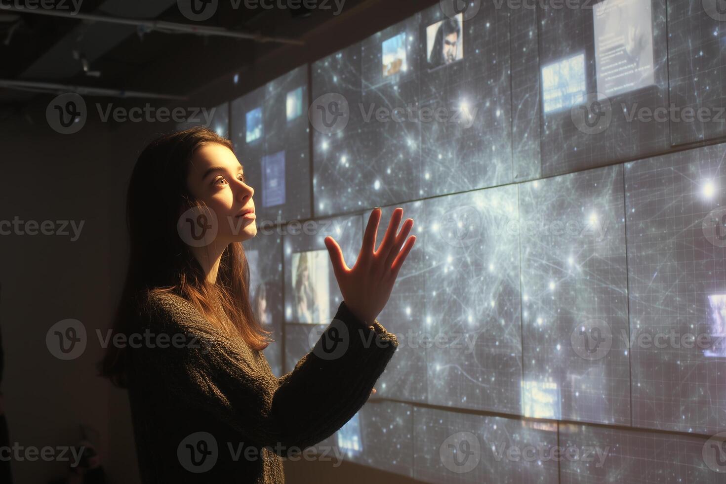 Interactive art installation engages visitor at digital exhibition in an urban gallery setting photo
