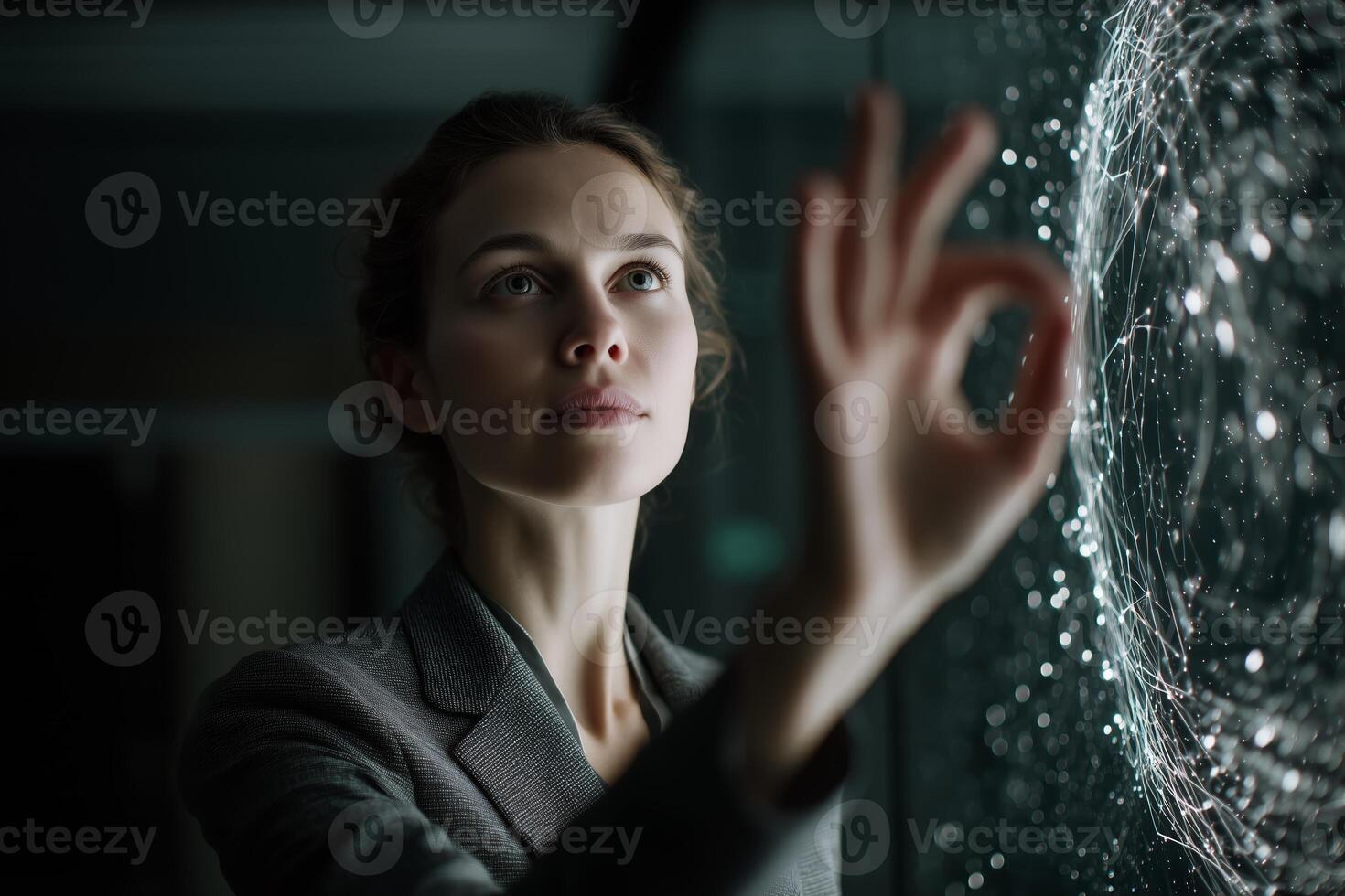 Woman interacting with digital technology in a modern workspace during evening hours photo