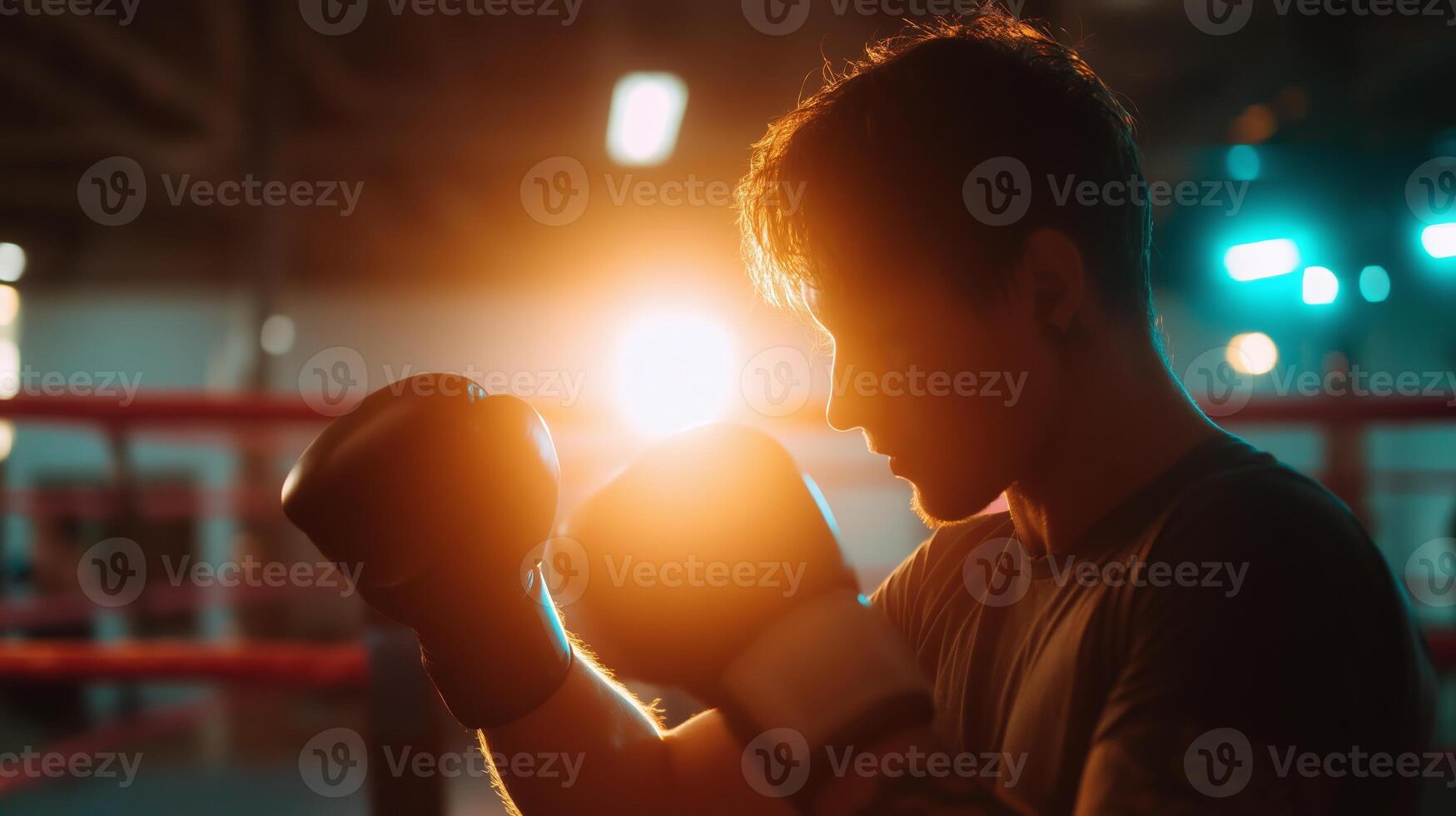 Boxer training at a gym during sunset, focusing on technique and preparation for the upcoming match photo