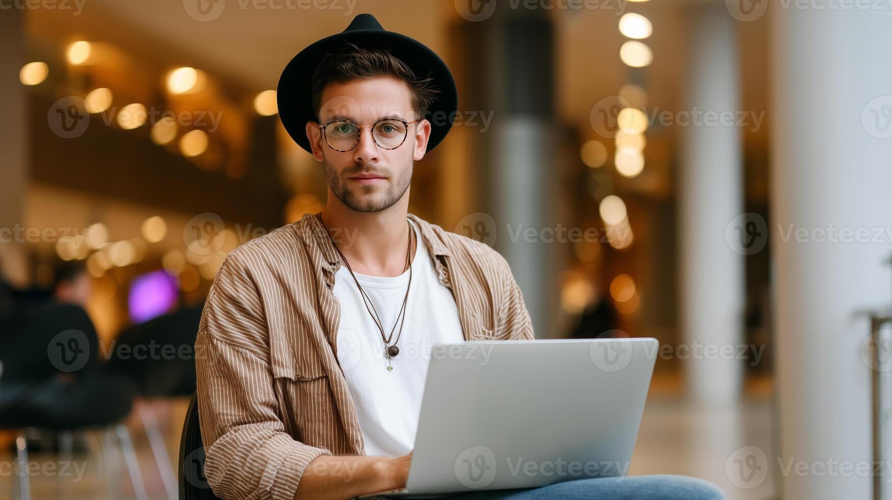 Young man working on laptop in modern indoor space during afternoon photo