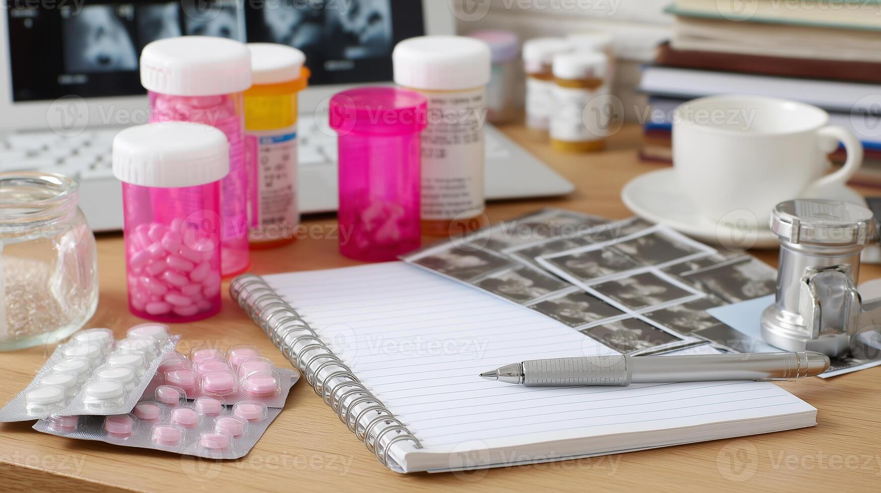 Medical workspace with prescriptions, images, and supplies during a diagnostic session in a healthcare setting photo