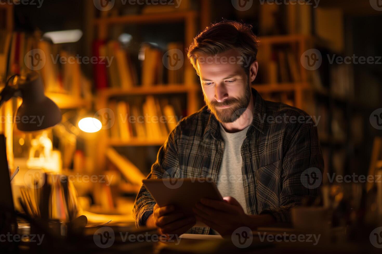 Man reads a tablet in a cozy library setting during nighttime while surrounded by books and warm light photo