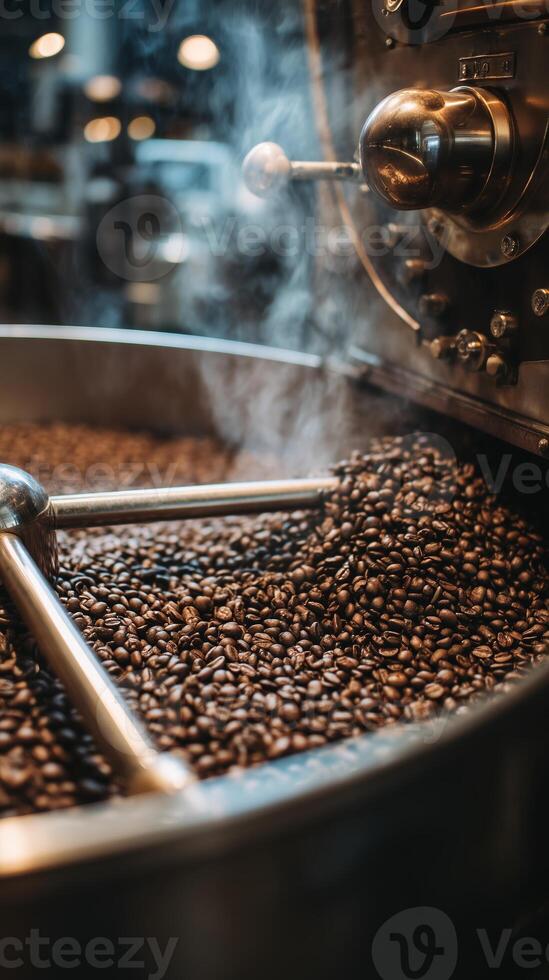 Freshly roasted coffee beans steam in a coffee roasting machine during the afternoon in a bustling cafe environment photo
