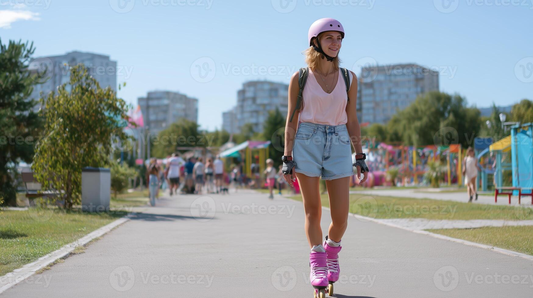 Young woman enjoys roller skating on a sunny day in a vibrant park with playful atmosphere and lively background photo
