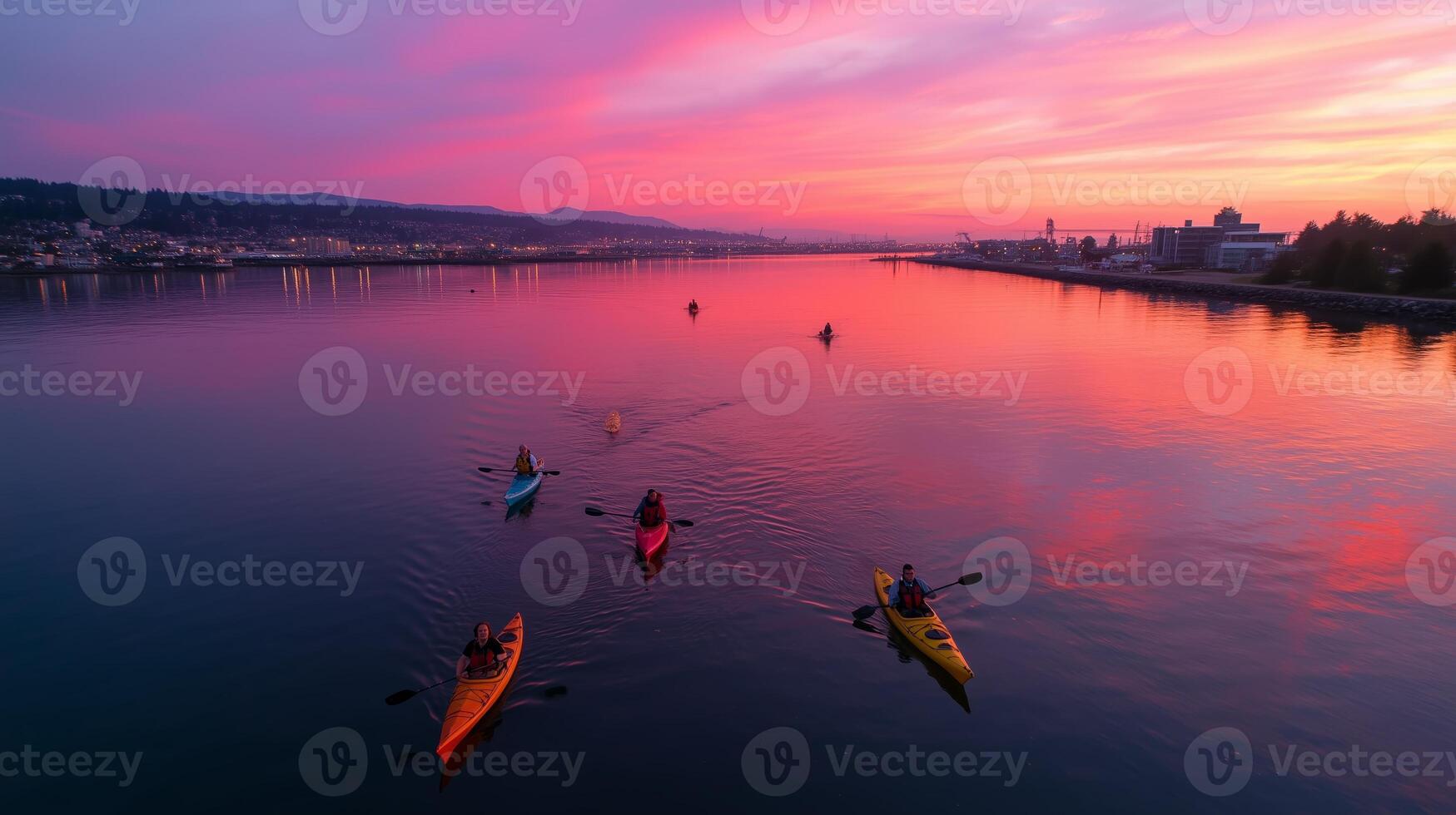 Kayakers paddle through reflective waters at sunset in a serene river landscape photo