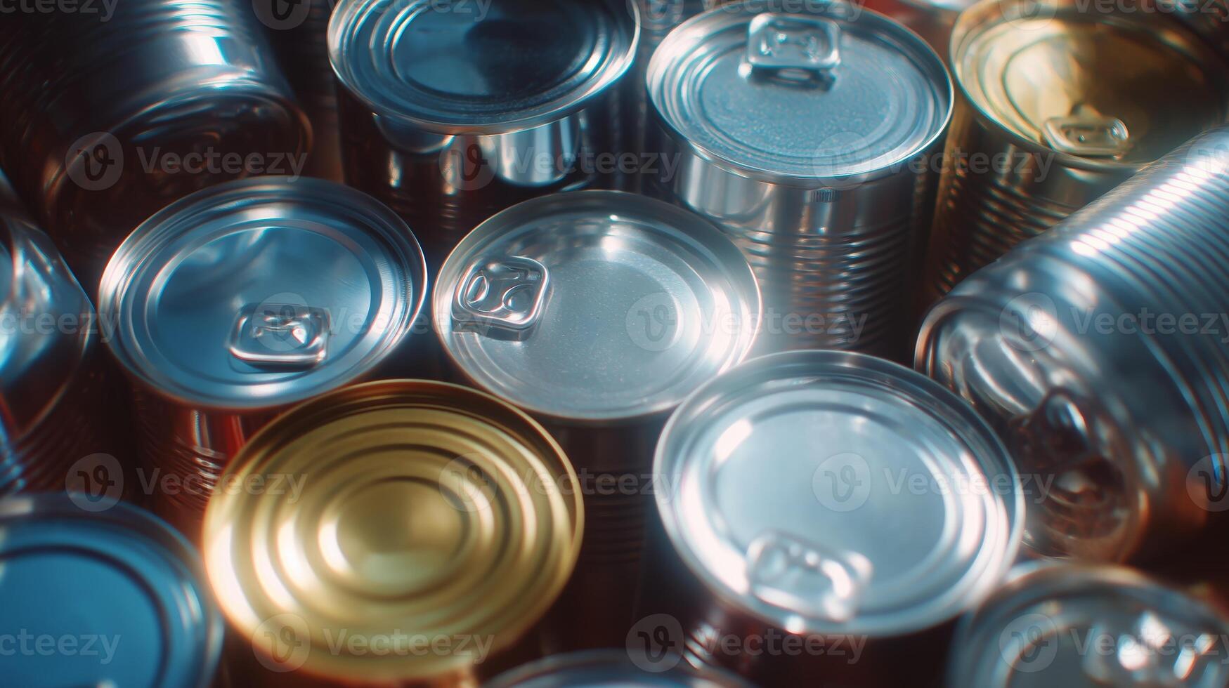 Various metal cans of different colors and sizes stacked together on a surface under bright lighting photo