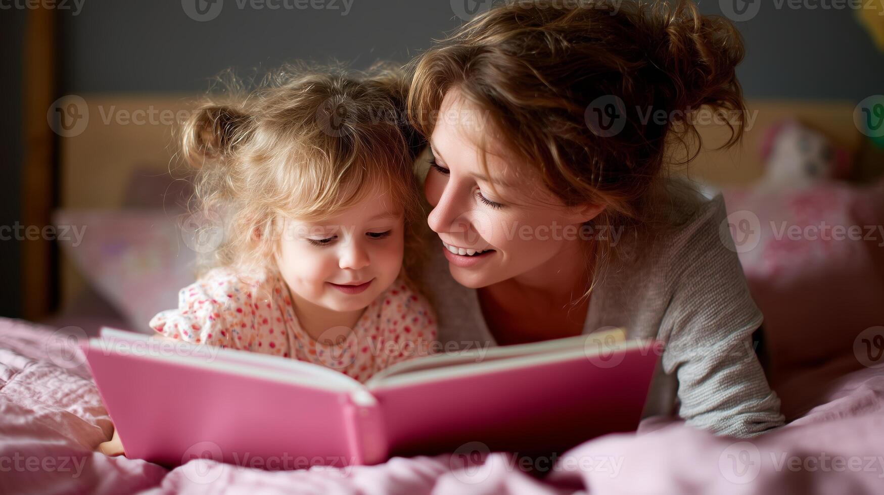 Mother enjoys quality reading time with her young daughter in a cozy bedroom setting during the evening hours photo