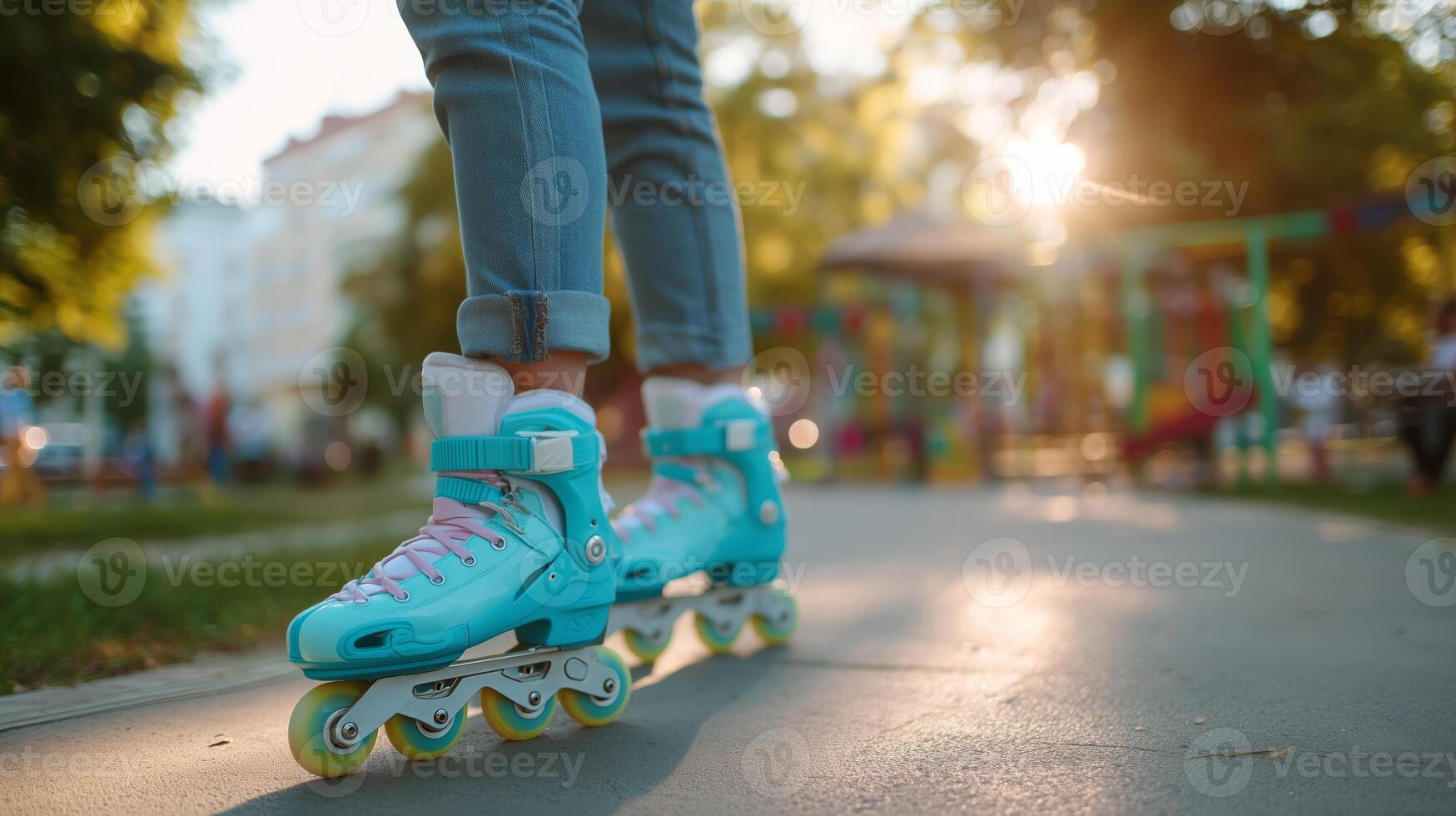 Skating on a sunny day in the park with vibrant blue rollerblades and an active atmosphere photo