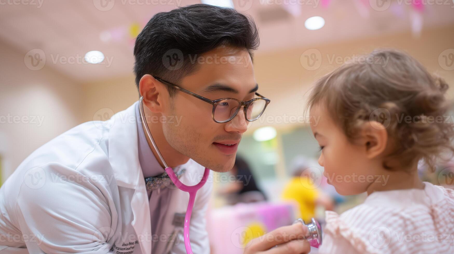 Doctor interacts with young child during a check-up at a community health event in a bright indoor space photo