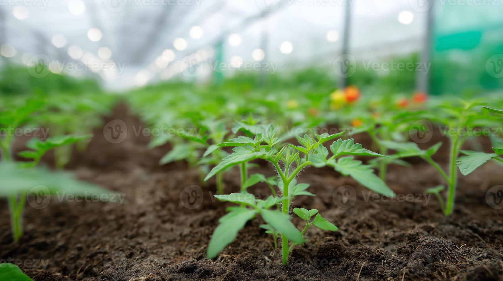 Tomato seedlings grow in a greenhouse filled with natural light during the early morning hours photo
