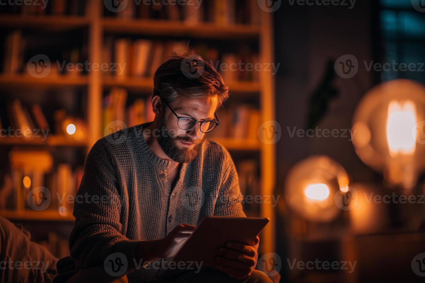 Man reads on tablet in cozy room filled with books during evening hours with warm lighting photo