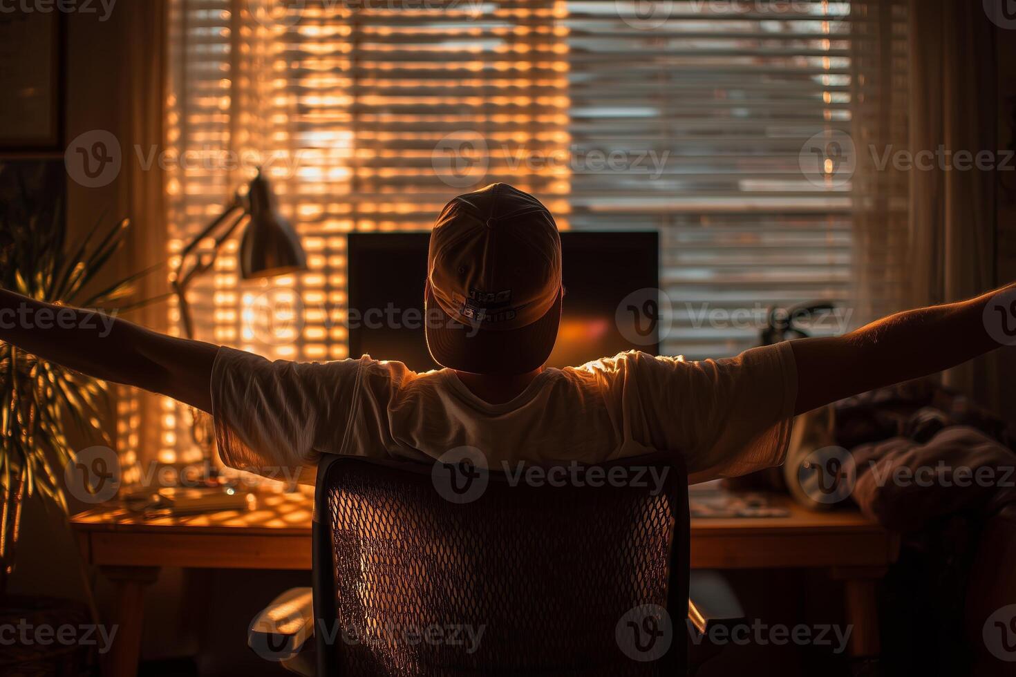 Individual relaxes while enjoying sunlight streaming through blinds in home office during evening hours photo