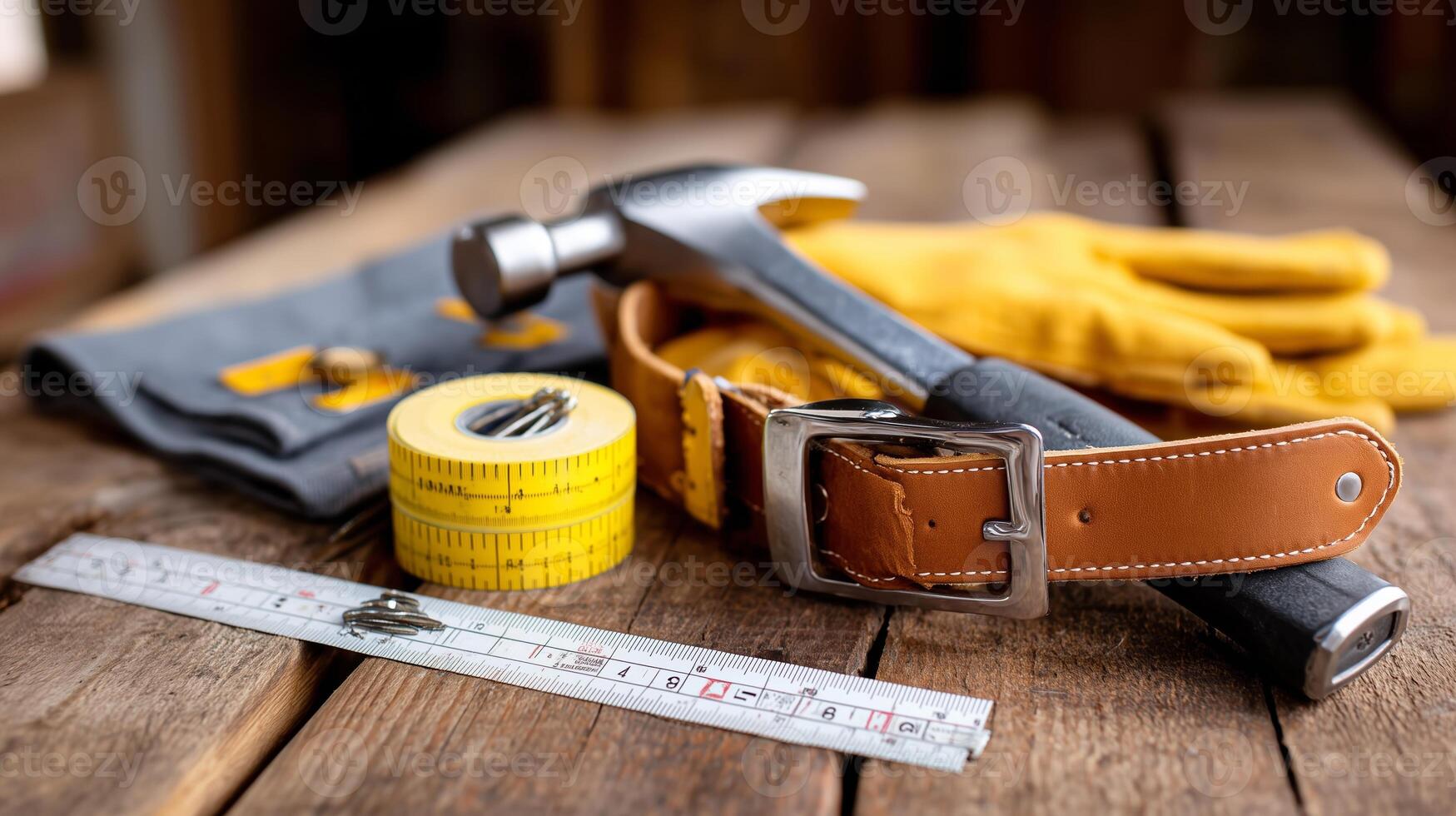 Tools and gear arranged neatly on a wooden surface in a workshop setting during daylight hours photo