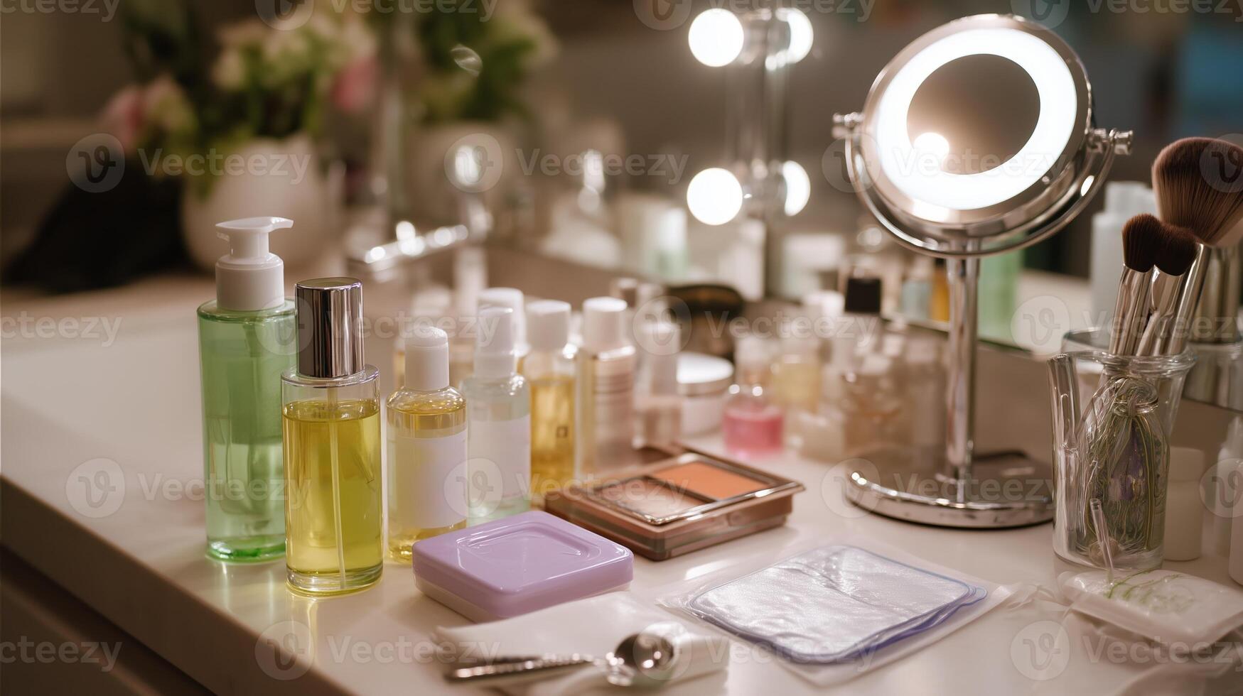Beauty products arranged on a vanity countertop during the morning hours in a cozy room with good lighting photo