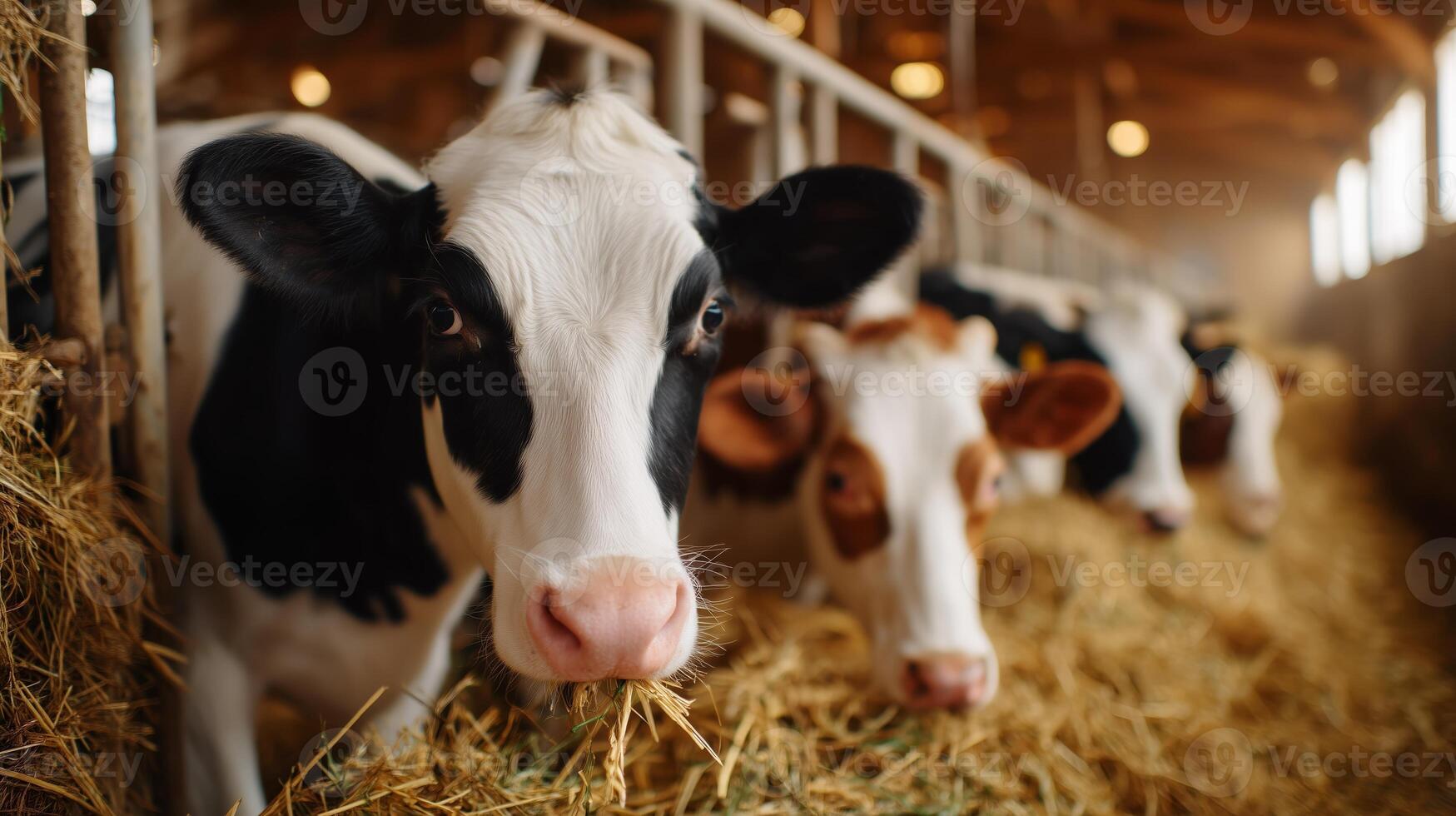 Cows feeding in a spacious barn during the afternoon in a rural setting photo