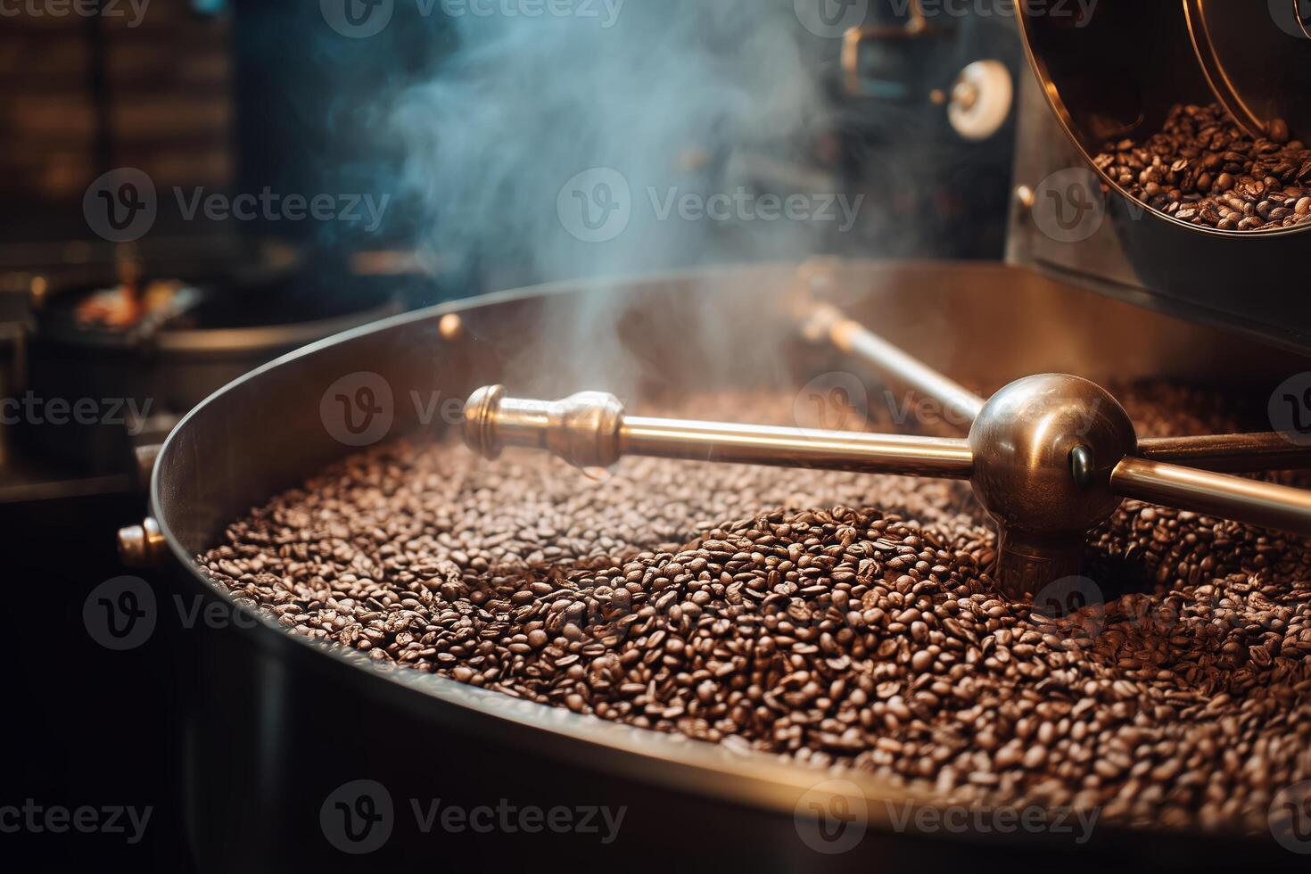 Coffee roasting process captures rich aroma and texture in a bustling cafe setting photo