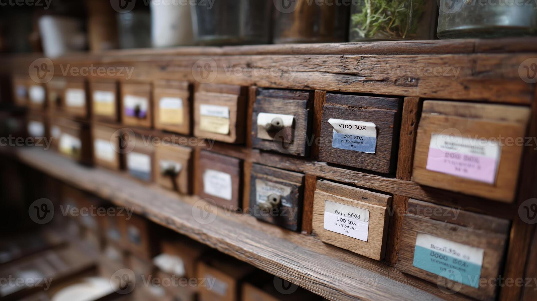 Wooden drawer cabinet filled with labeled storage boxes in a quaint workshop setting photo