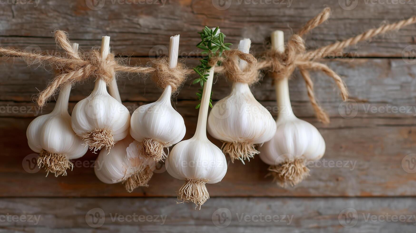 Freshly harvested garlic bulbs hanging from twine against a rustic wooden background in a farm setting photo