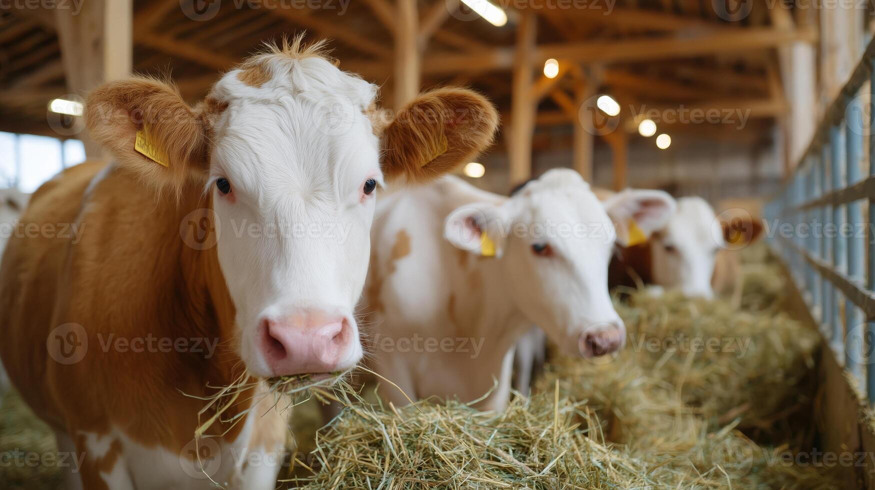 Cows eating hay in a spacious barn during the afternoon in a rural farm setting photo