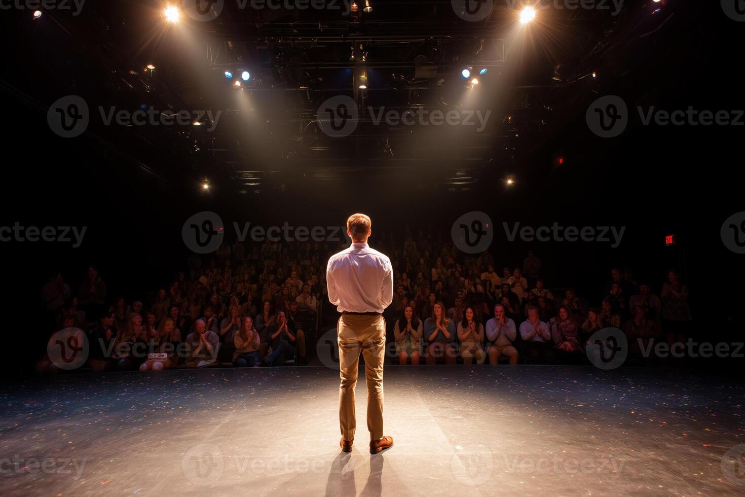 Actor performs on stage in front of an engaged audience at a theater during an evening show photo