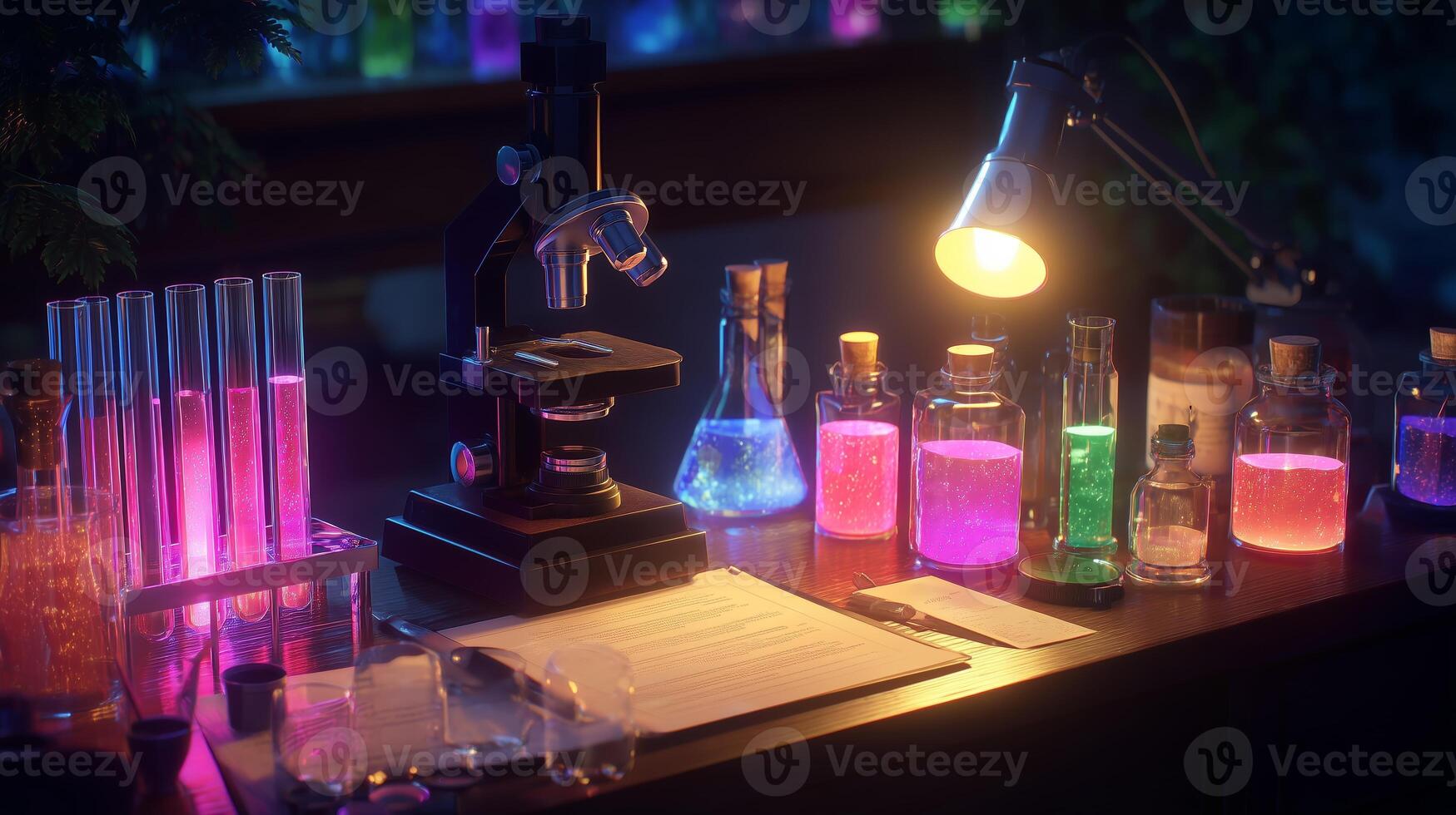 Colorful laboratory setup with glowing liquids and a microscope at night photo