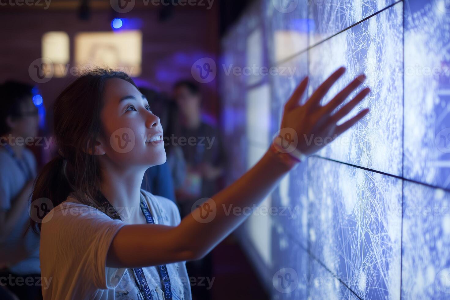 Interactive art installation engages visitors at digital art exhibit in the evening photo