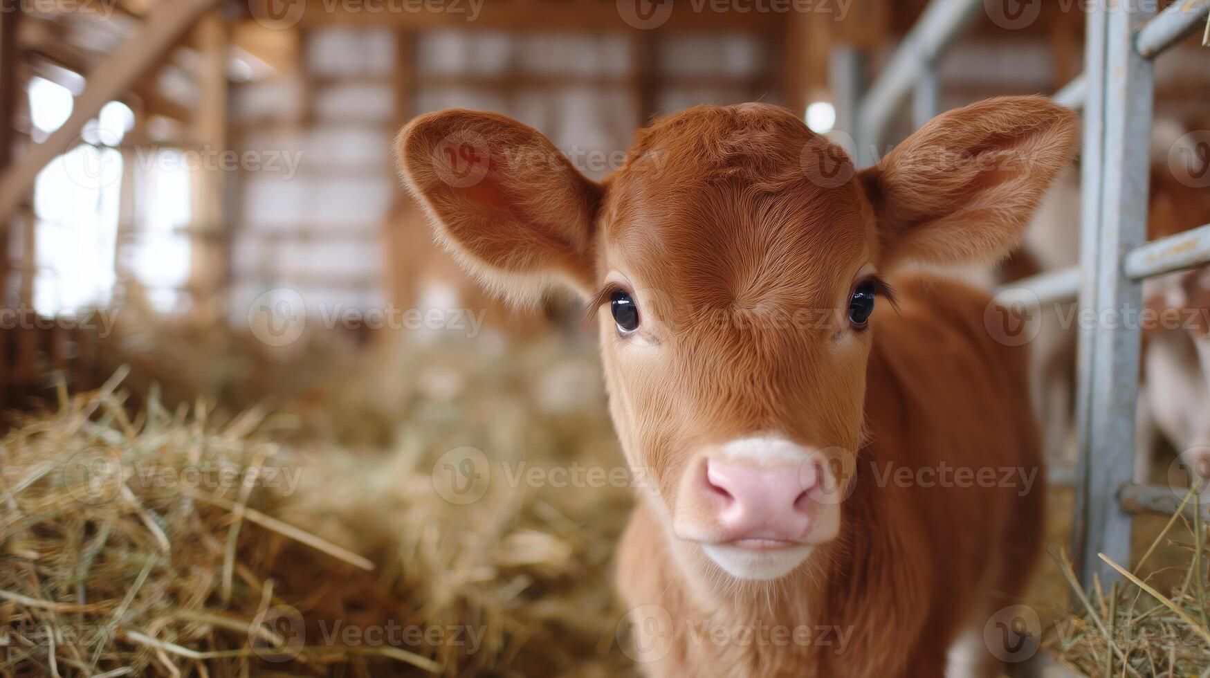 Calf exploring its surroundings in a cozy barn filled with hay during the afternoon photo