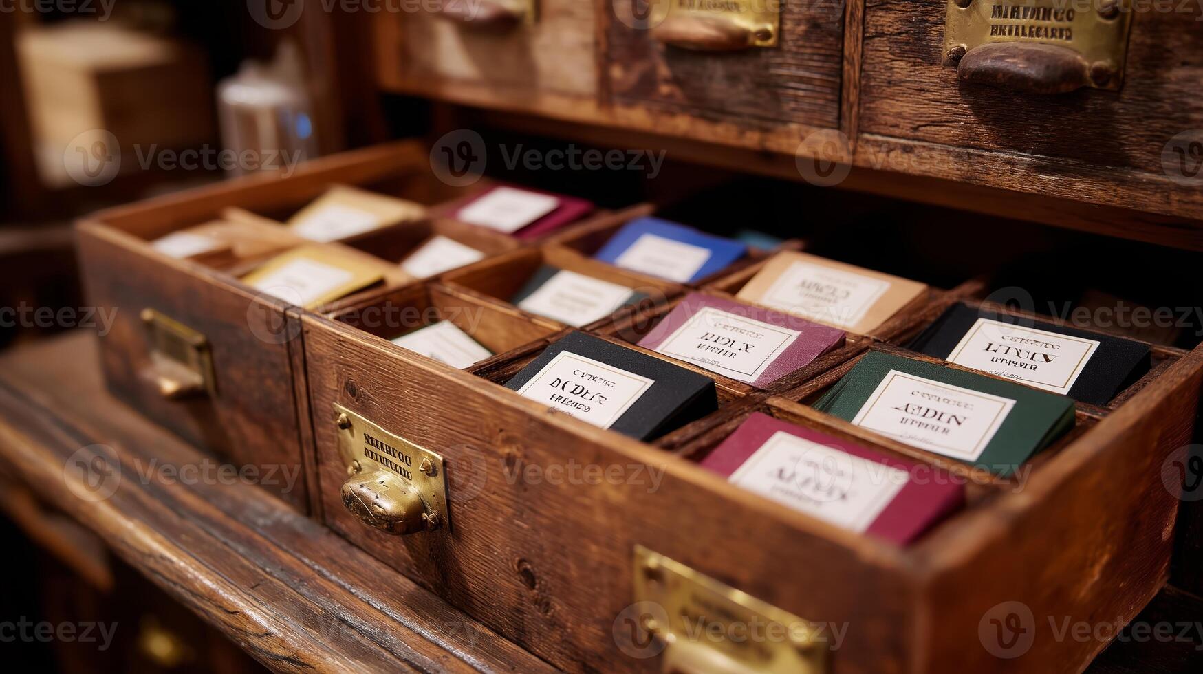 Unique handcrafted boxes filled with assorted labels in a rustic wooden setting at a local artisan shop photo
