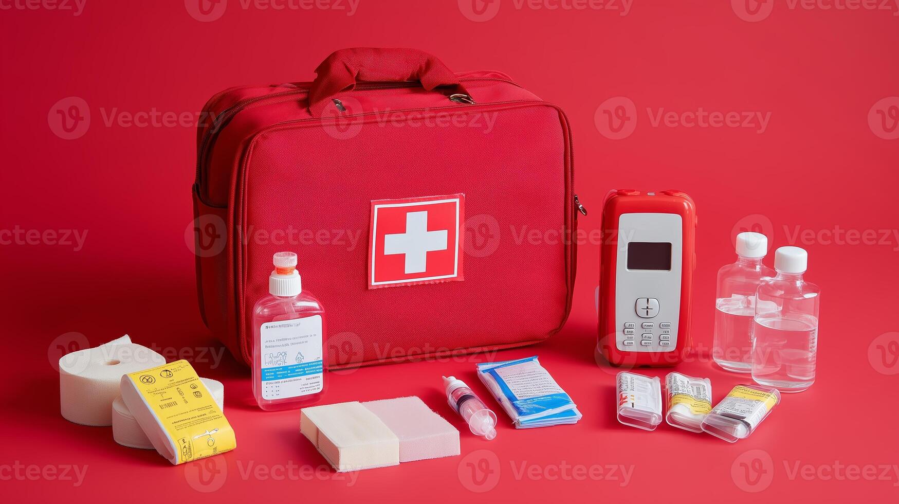 First aid kit displayed with essential medical supplies on a bright red background photo