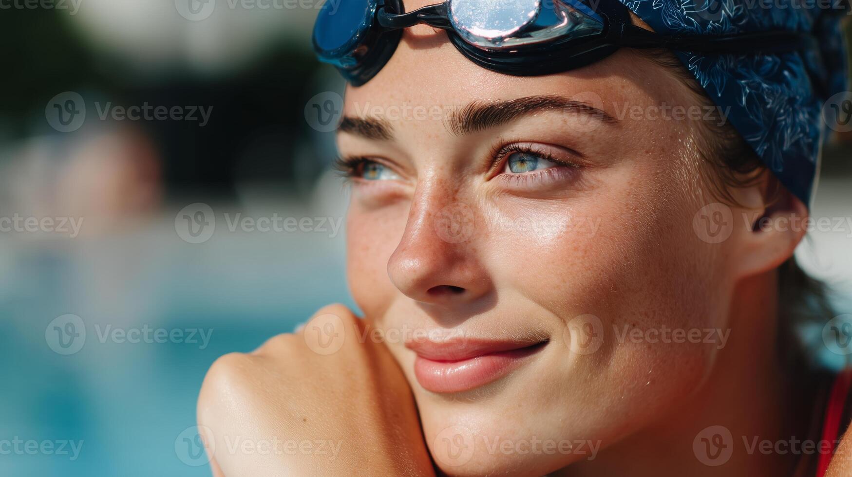 Swimmer reflecting at the poolside moments before a competition in the morning sun photo