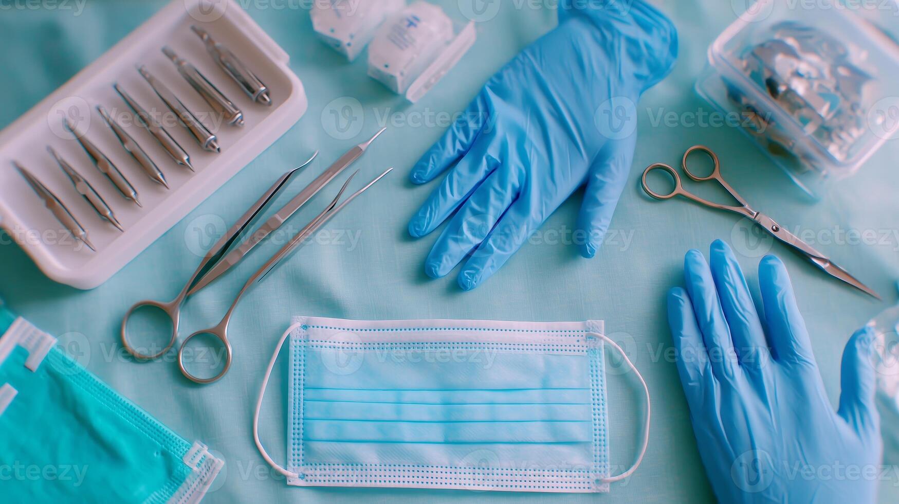 Medical tools and safety equipment arranged on a teal surface in a healthcare setting photo
