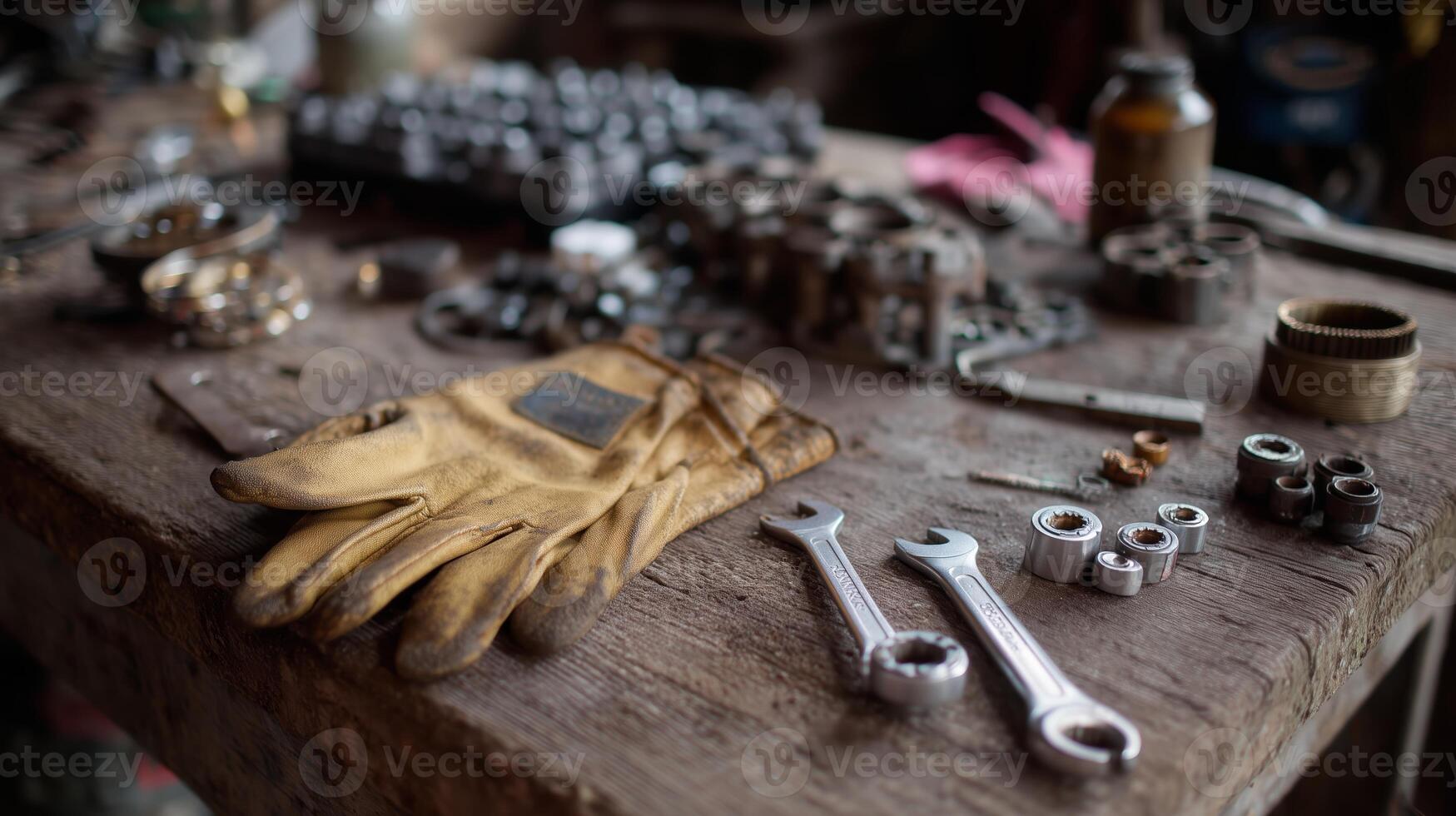 Tools, gloves, and machinery parts on a workbench in a rustic workshop during the afternoon photo