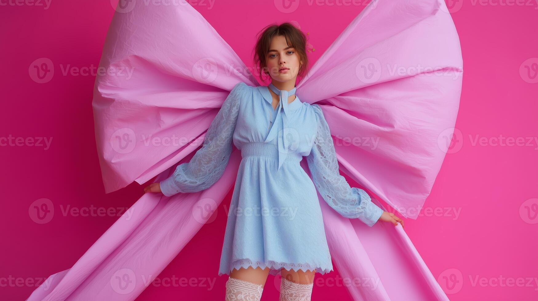 Colorful fashion shoot featuring a model in a blue dress posing with oversized pink bow backdrop in a vibrant studio setting photo