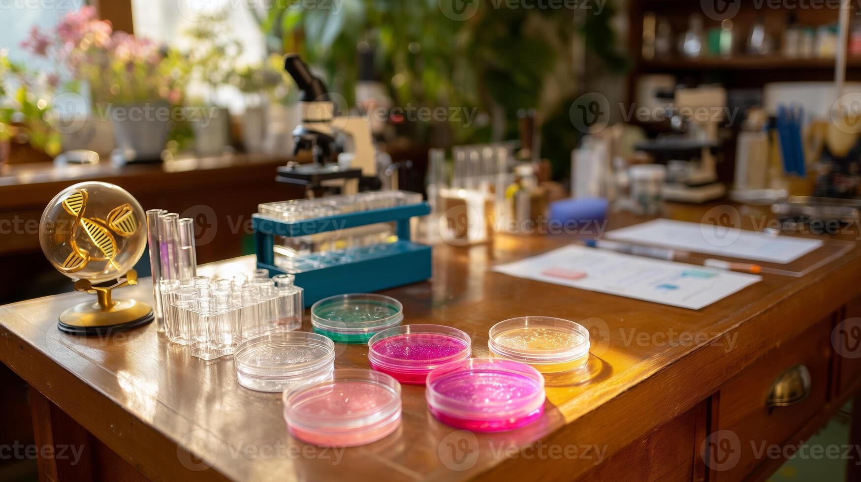 Science laboratory workspace with equipment and culture dishes during daylight in a vibrant research environment photo