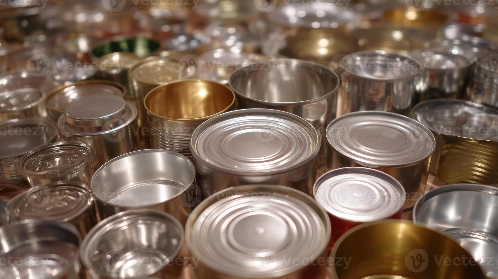 Collection of various metal cans arranged closely on a surface showcasing different sizes and colors photo