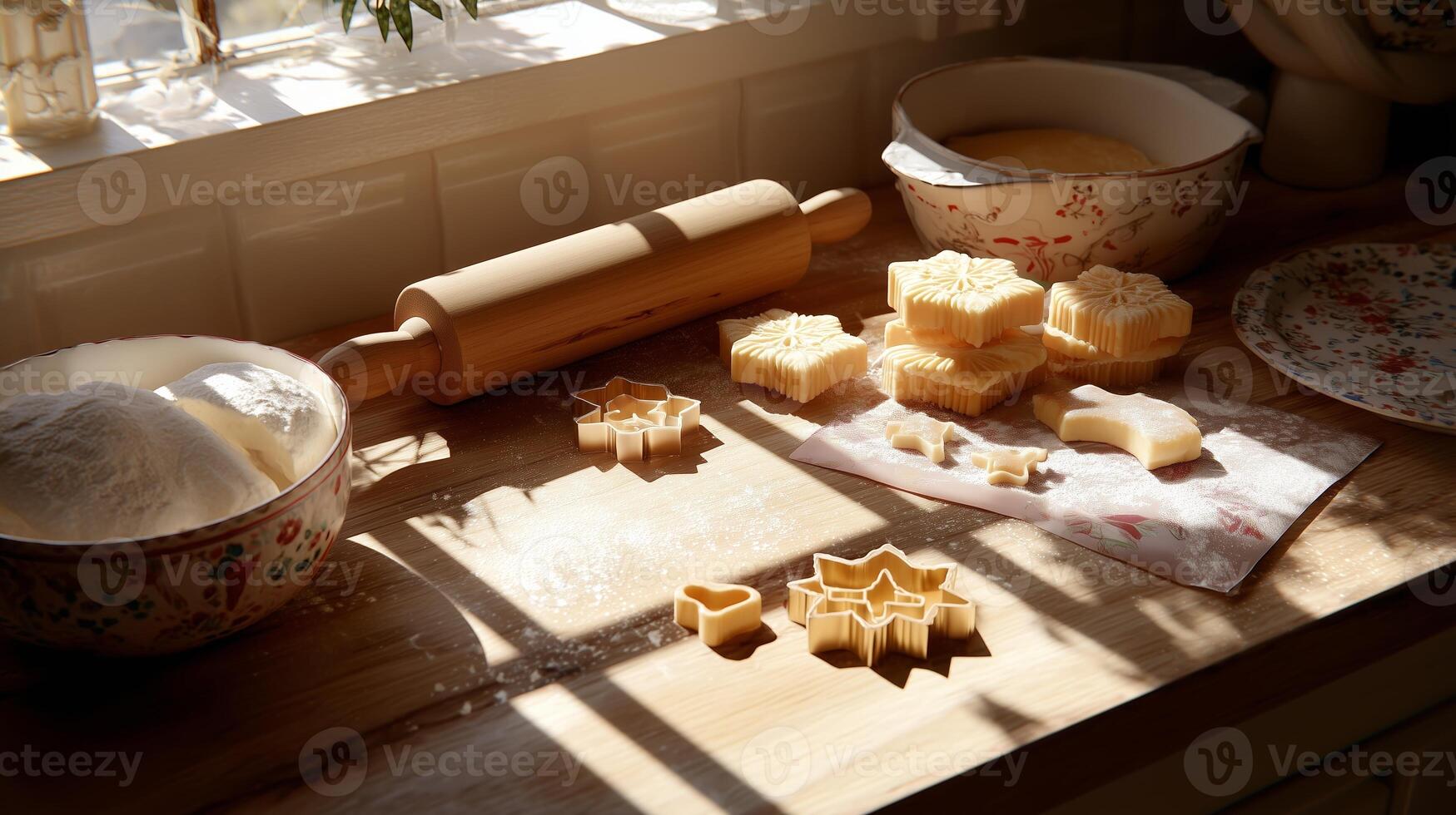 Baking cookies in a sunlit kitchen with decorative tools and ingredients on a wooden countertop photo