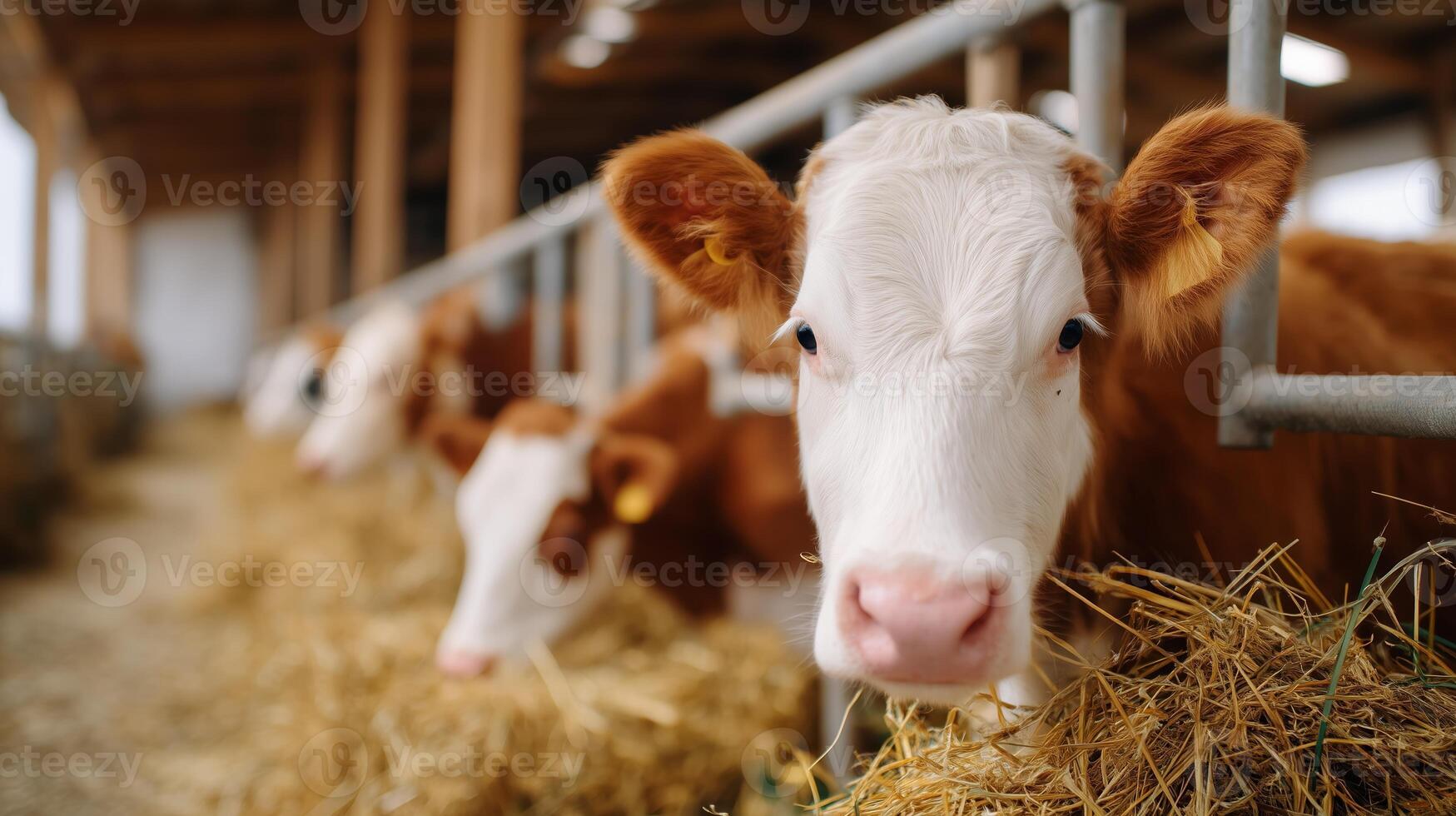 Cows feeding inside a barn during daylight hours on a rural farm photo